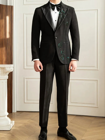 Fashion Mens Diamonds Embroidery Blazer Jacket Two Piece Set Slim Fit Stage Show Formal Suit Business Banquet Dress Suit Sets