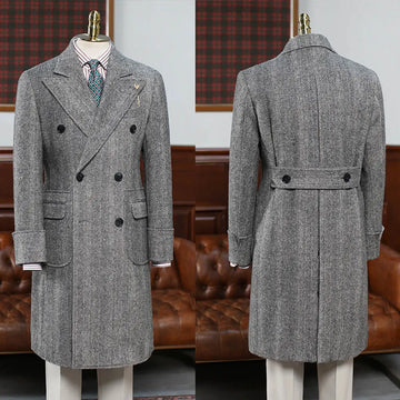 Classic Men Long Coat  Wool Blends Peaked Lapel Trench Coats Double Breasted Warm Jacket Plus Size Business Blazers Customized