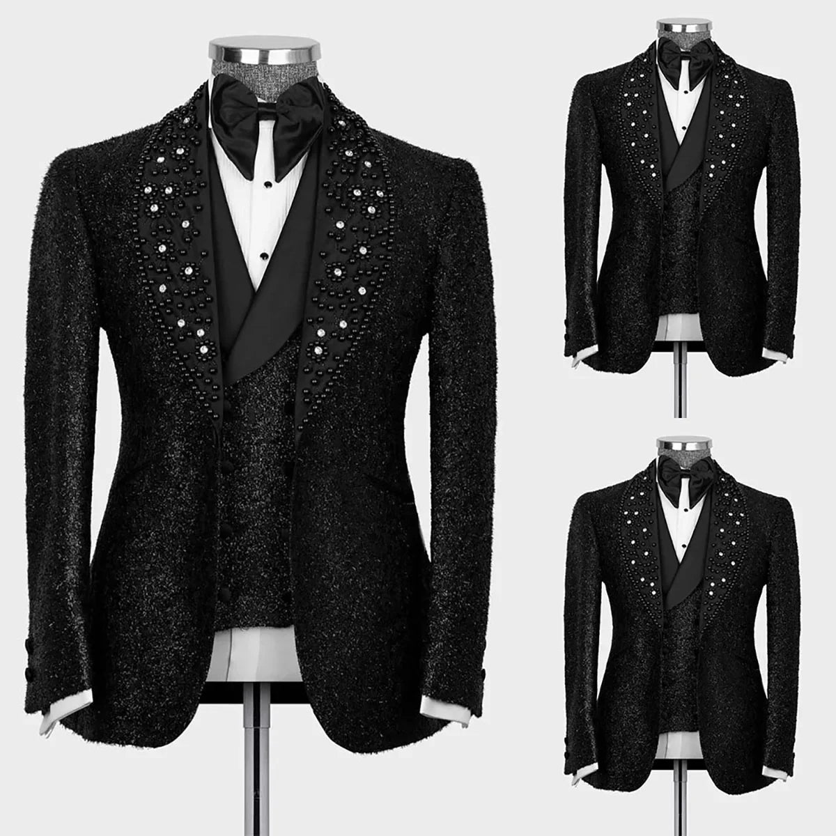 Shiny Black Men Suits 3 Pieces Business Blazer Vest Pants Beads Wedding Groom Prom Wear Party Formal Customized