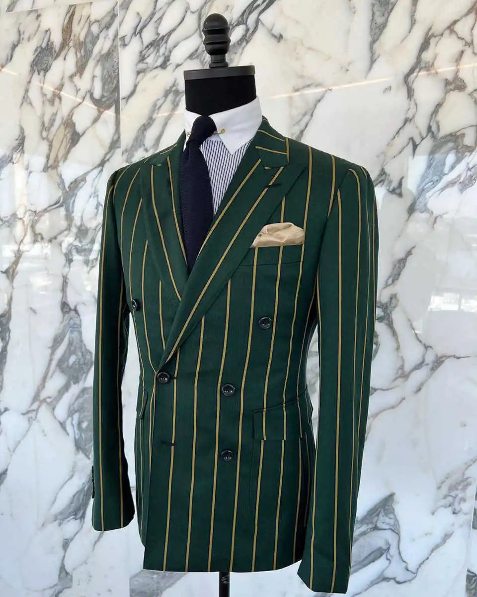 Vintage Pinstriped Men Wedding Suits Peaked Lapel Double Breasted Tuxedos Groom Party 2 Pcs Blazer Pants Customized Suit