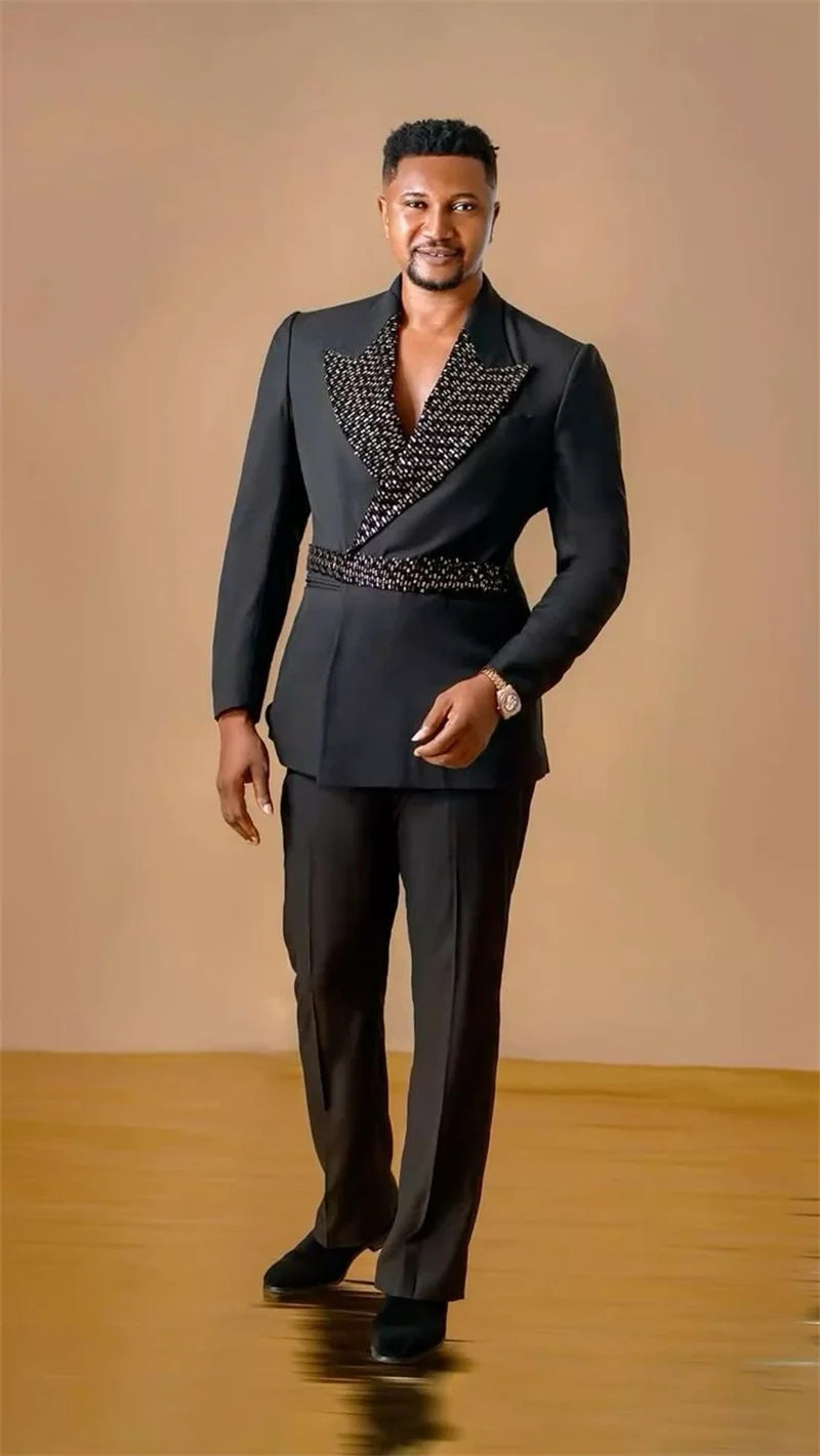 Crystals Black Men Suits Set 2 Pcs Blazer+Cotton Pants Trousers Belted Wedding Tuxedo Formal Office Business Groom Jacket Coat