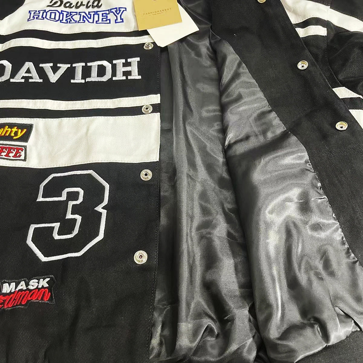 Stylish Black White Jacket with Embroidered Patches and Letters