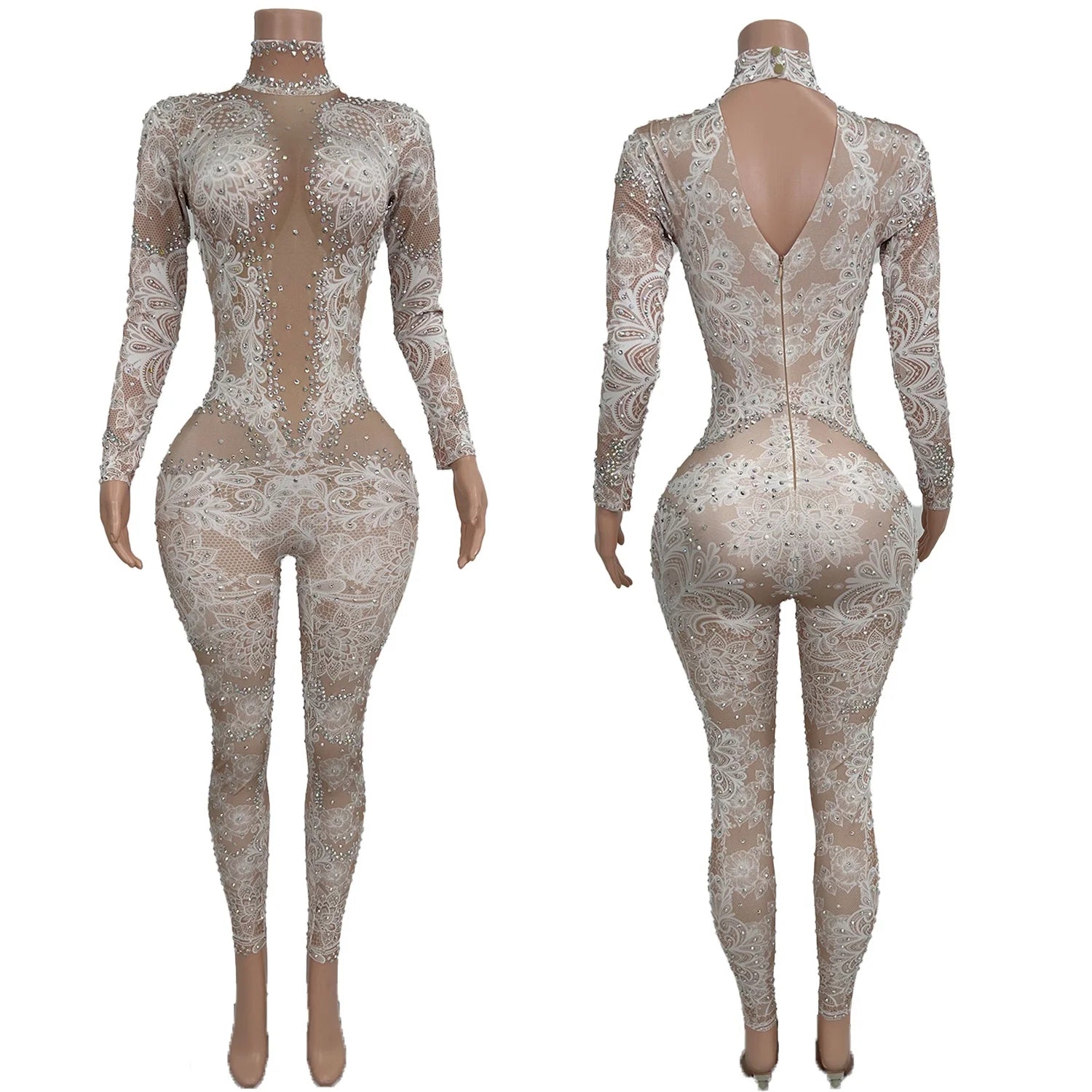 Sparkly Crystals See Through Mesh Printing Jumpsuit Nightclub Party Dance Outfit Tight Fitting Jumpsuit Sexy Women Wear
