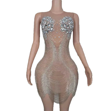 Luxury Sparkly Slip Dress Sexy Mesh See Through Prom Celebrate Birthday Party Evening Dress PhotoShoot Stage Wear