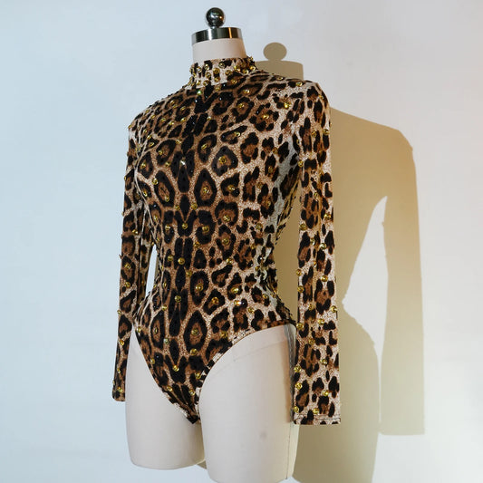 Rhinestones Bodysuits Sexy Leopard Print Rompers for Women High Collar One Piece Bodycon Female Performance Pole Dance Costumes