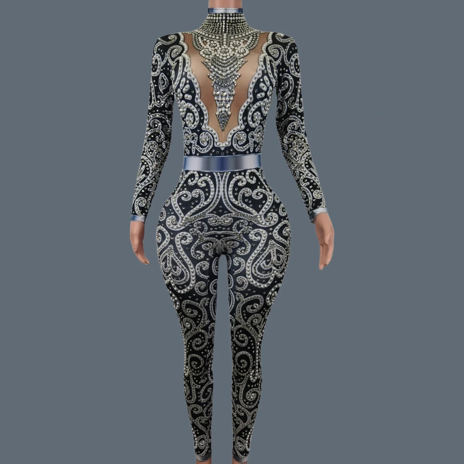 Fashion Sparkly Rhinestones Pearls Jumpsuit Women Stretchy Nightclub Party Singer Dancer Performance Costume Stage Wear