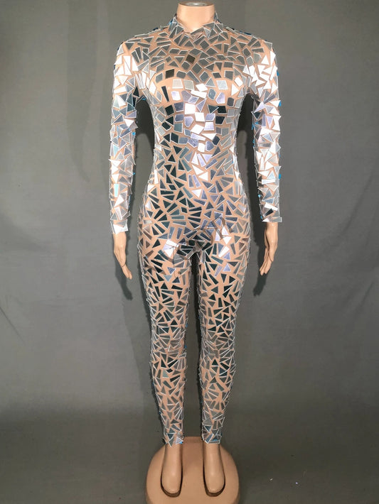 Combinaison de scène à miroirs brillants pour femmes, combinaison sexy en maille à manches longues, tenue de discothèque, costume de danseuse et de chanteuse 