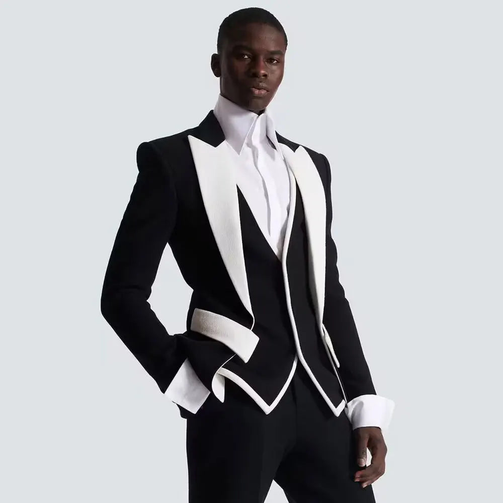 Costumes de mariage assortis noir et blanc pour hommes, costume de danse formel pour marié, blazer de soirée pour homme, coupe slim, 3 pièces