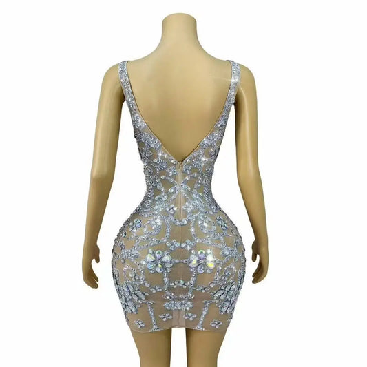Sexy Stage Elegant Party Flashing Rhinestones Transparent Mesh Short Dress Evening Birthday Celebrate Outfit Photoshoot Costume