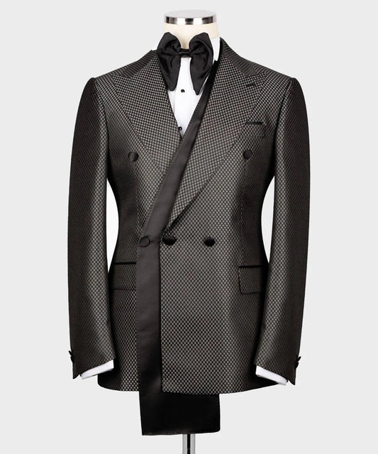 Unique Men Suits Grid 2 Pieces Set Tailor-Made Check Jacket Blazer Triple Breasted Groom Customized Coat Pants