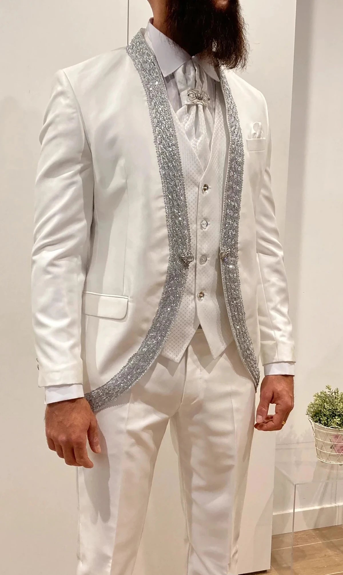 Fashion Man Suits Fit Slim Beading Shawl Lapel Party Prom 2 Pieces Set Blazer Rhinestone Customized One Button Jacket Pants