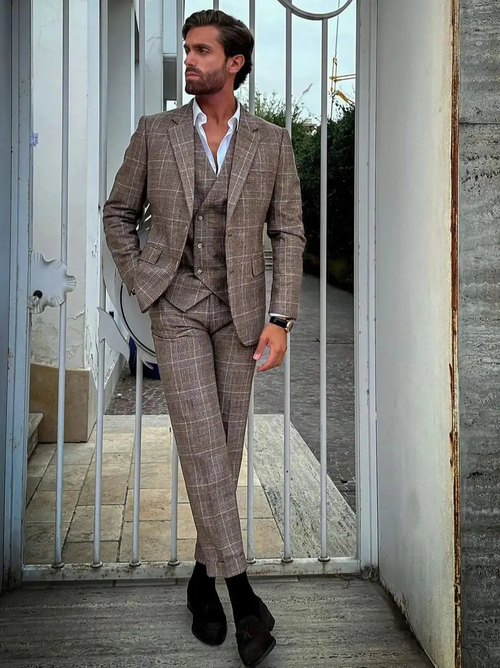 Trajes a cuadros para hombre, esmoquin con solapa con muesca para novio, trajes de boda, blazers de fiesta de negocios, conjuntos de 3 piezas, traje de novio para hombre