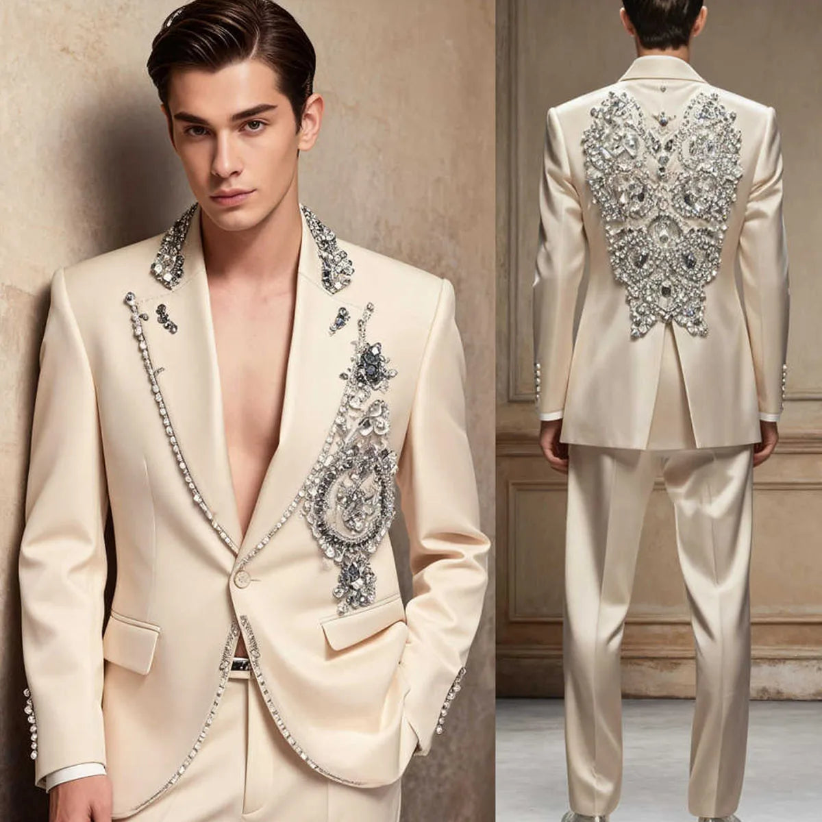 Customized Glitter Crystal Gem Men Suits Slim Fit Wedding Tuxedo Diamond 2 Piece Sets Groom Male Blazers Peak Lapel Party Homme