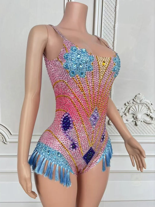 Body à franges et strass scintillants pour femme, tenue de spectacle sexy, de danse, de discothèque, de chanteur ou de danseuse 