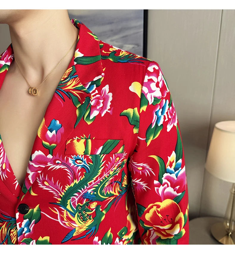 Traje de 2 piezas para hombre, estilo vintage, para fiesta, con estampado de flores grandes, estilo noreste de China, chaqueta y pantalones.