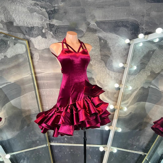 Latin Dance Dress, High-end Custom Wine Red Velvet Floral Dress, Tango Women's Standard Stage Professional Clothing