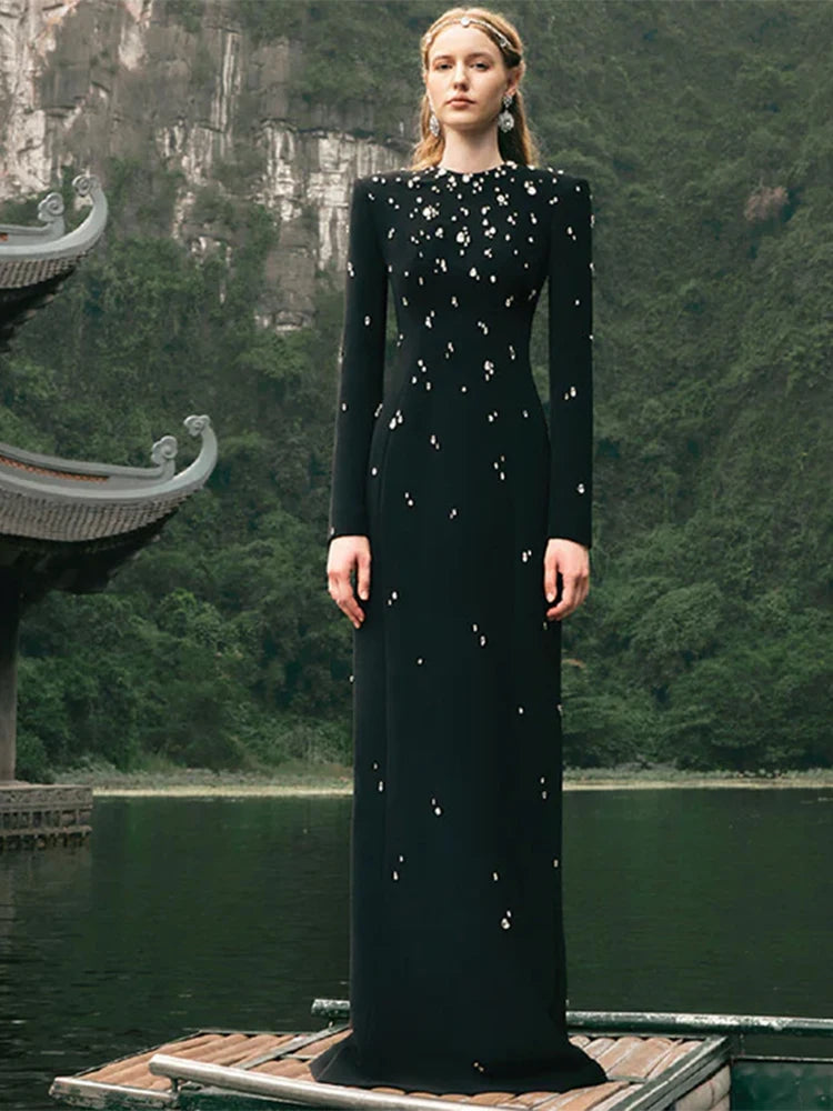 Newest  Fashion Women's Rhinestone Diamonds Beaded Long Maxi Dress