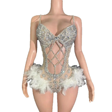Sexy Sparkly Rhinestones Feathers Bodysuit Women Hollow Slip Performance Dance Costume Singer Dancer Stage Wear Party Outfit