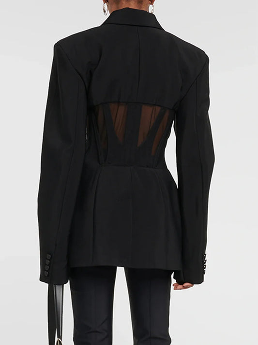 Chaqueta blazer negra de manga larga con diseño de patchwork de gasa para mujer, nueva 