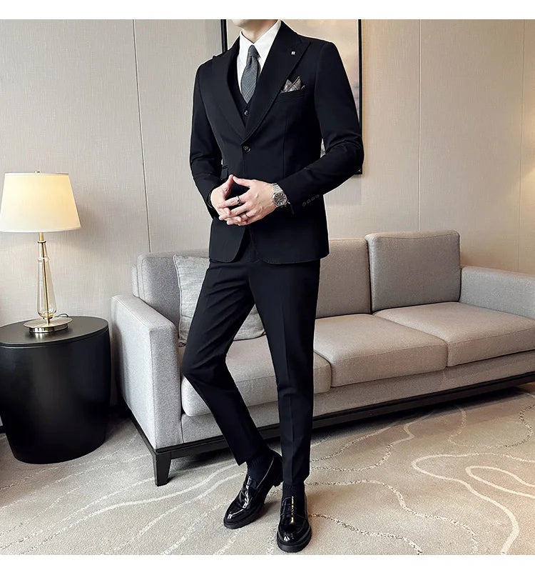 (Chaqueta + chaleco + pantalones) Trajes elegantes de 3 piezas, de marca, corte entallado, de un solo botón, para fiesta, formal, de negocios, para boda, esmoquin.
