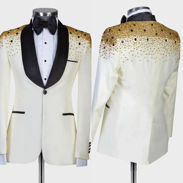 Luxury Men's Suit Crystal Beaded Shawl Lapel Blazer 2 Pieces Set Coat Prom Formal Occasion Customized Jacket Black Pants