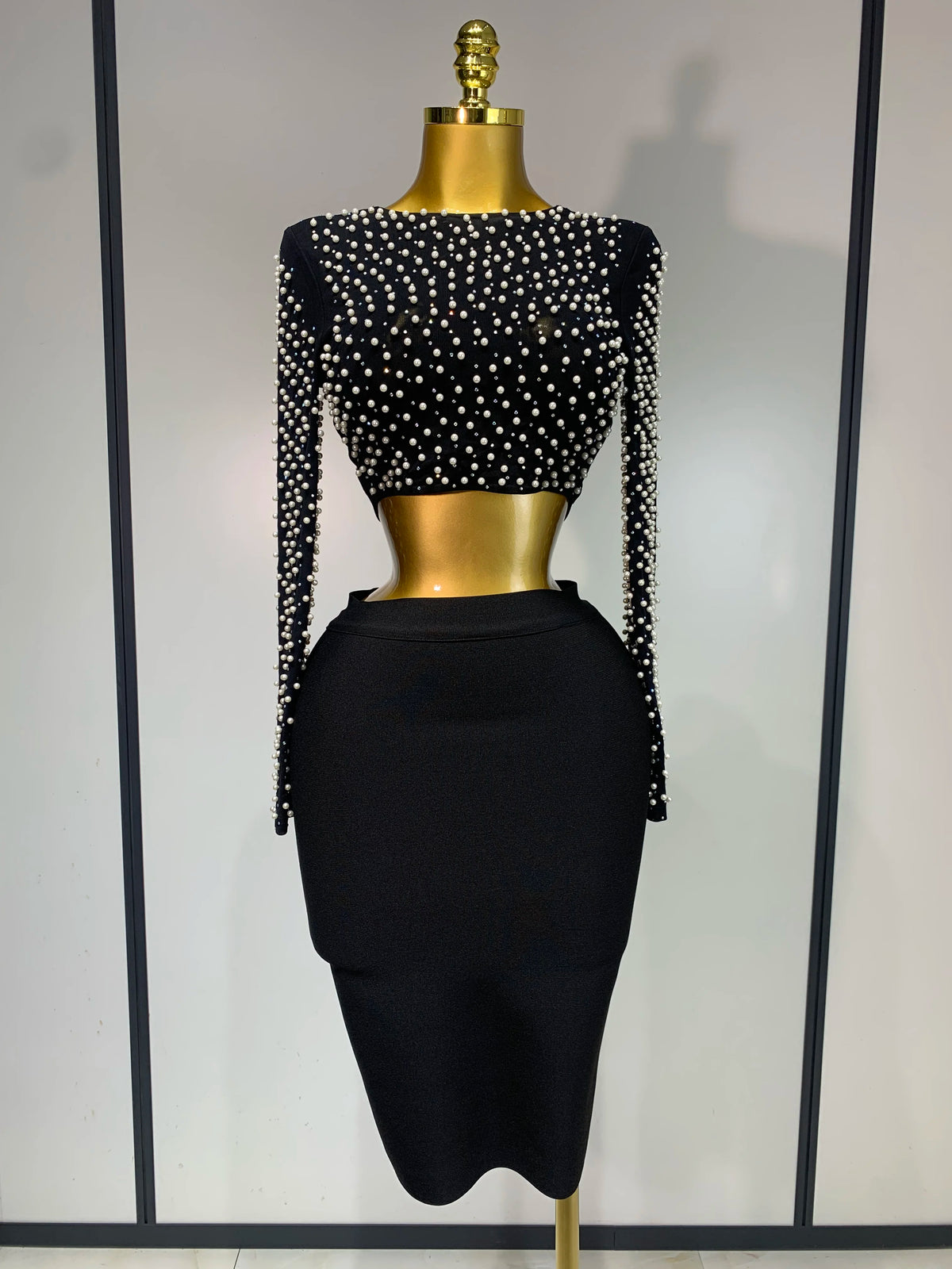 Women Sexy Long Sleeve Mesh Pearl Top Celebrity Midi Women Bandage Set Designer Evening Party Luxury Birthday Two Piece Set