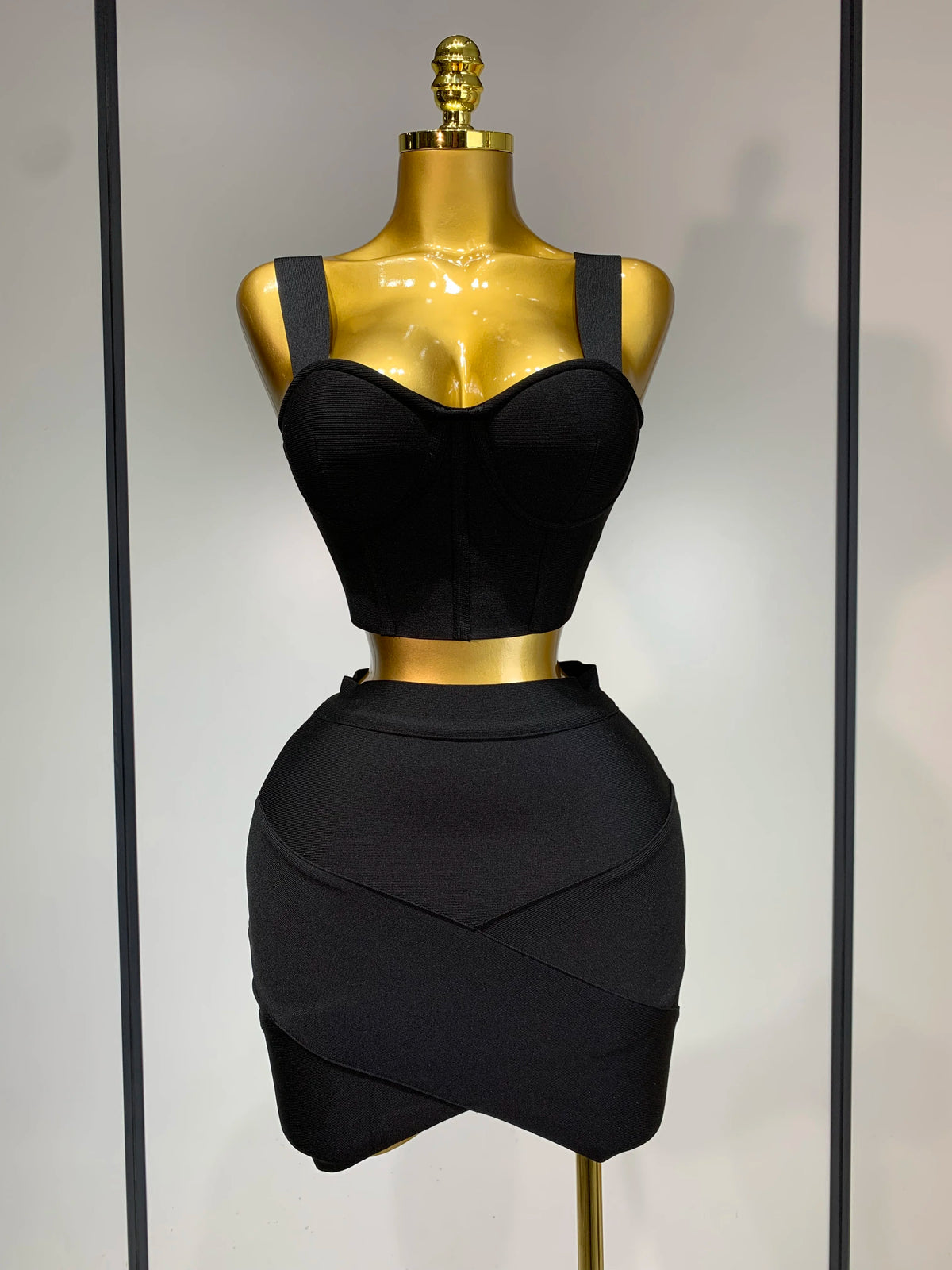 Women Sexy Top Short Skirt Bodycon Bandage Two Pieces Sets White Black Evening Party Luxury Birthday Outfit Nightclub Suits
