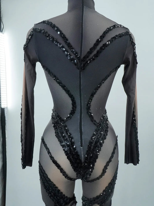 Sexy Black Mesh Jumpsuit Glitter Rhinestone Women Pole Dance Costume Nightclub Singer Stage Drag Queen Party Outfit