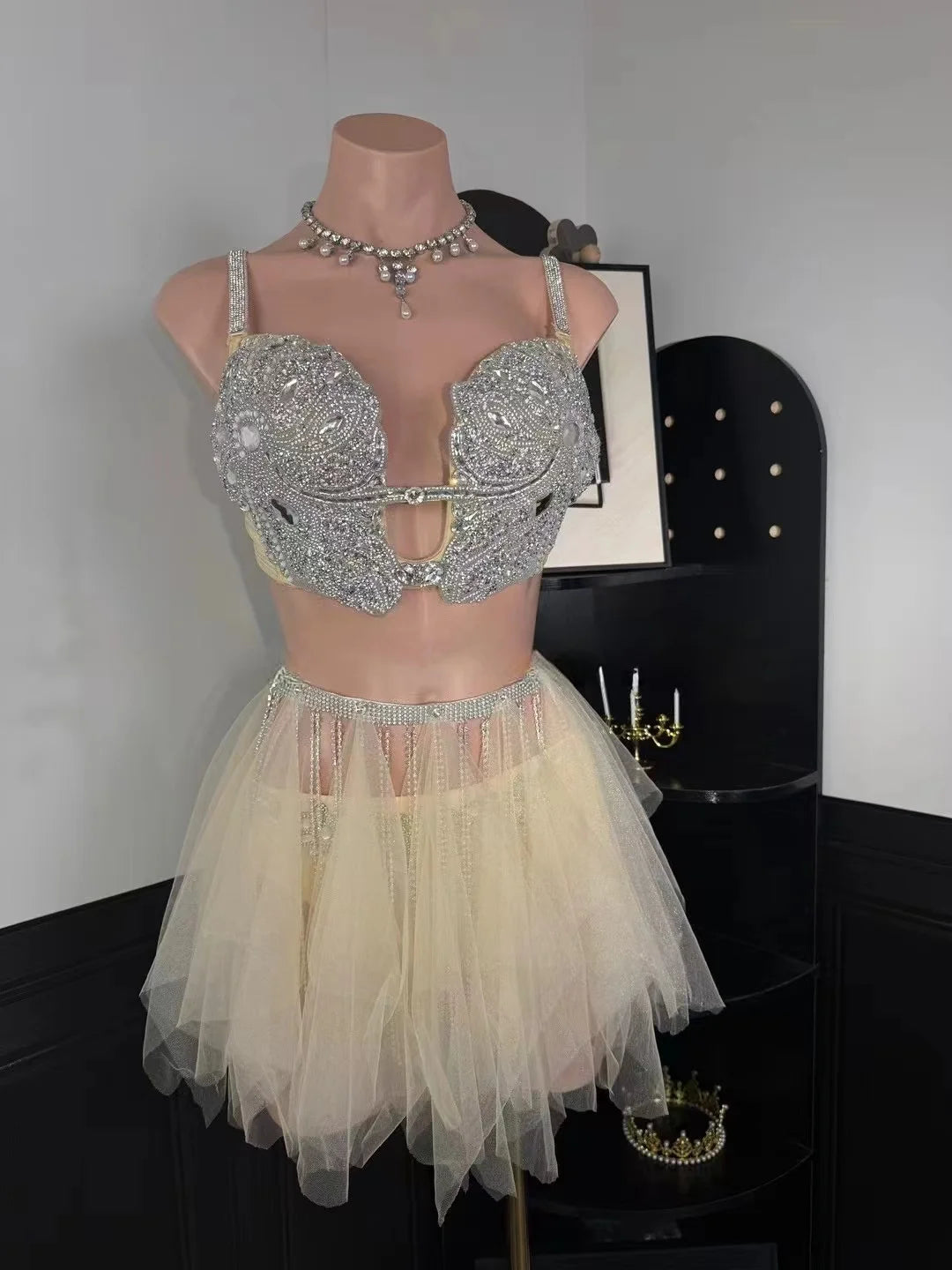 Luxury Gold Full Diamond Sexy Bikini Dress Performance Outfit Party Bar Nightclub Singer Dance Stage Prom Birthday Evening Wear