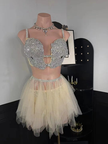 Luxury Gold Full Diamond Sexy Bikini Dress Performance Outfit Party Bar Nightclub Singer Dance Stage Prom Birthday Evening Wear