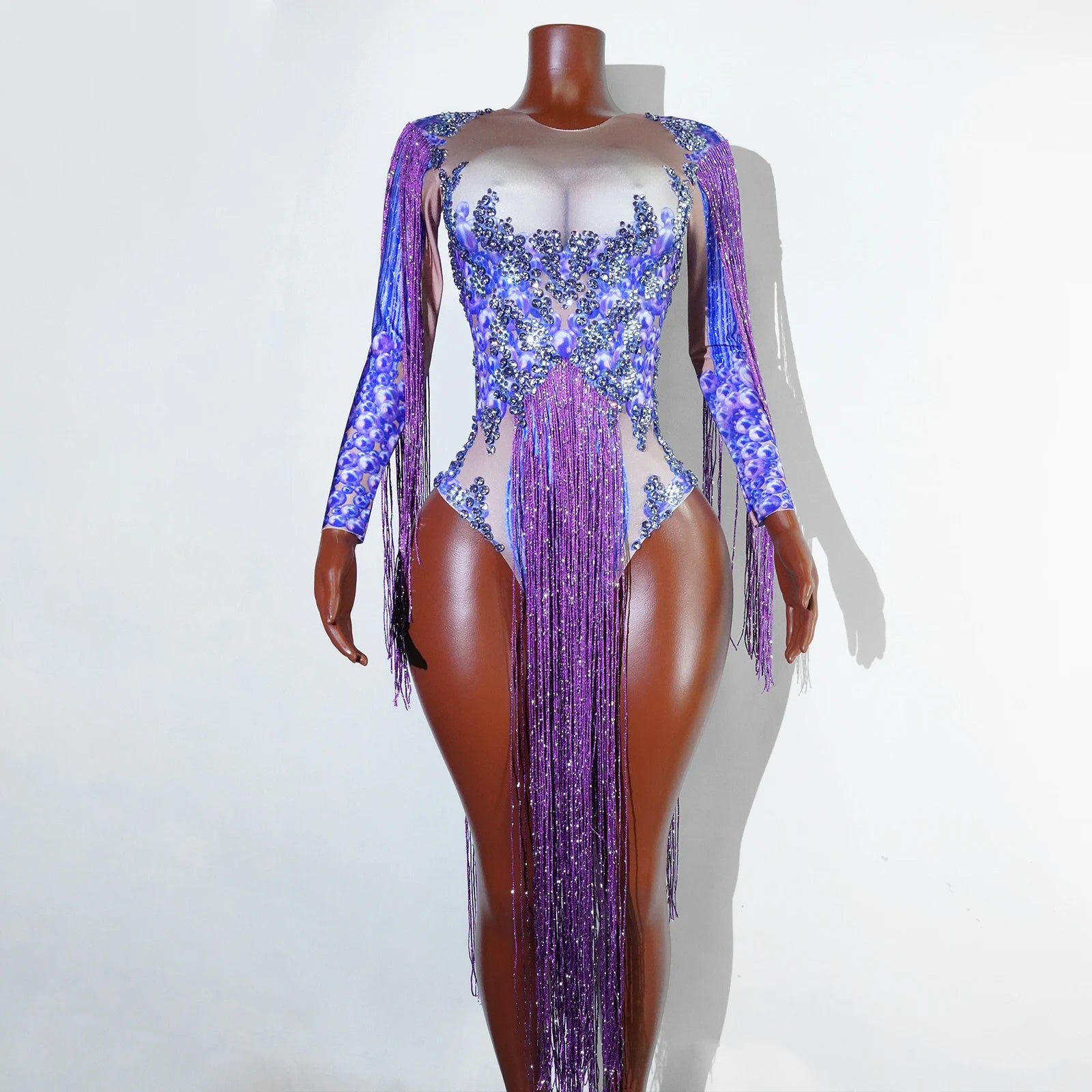 Sparkling Purple Rhinestone Fringed Print Leotard Bodysuit Birthday Party Dance Costume Singer Drag Queen Performance Outfit