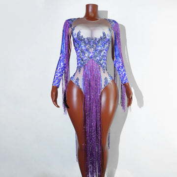 Sparkling Purple Rhinestone Fringed Print Leotard Bodysuit Birthday Party Dance Costume Singer Drag Queen Performance Outfit