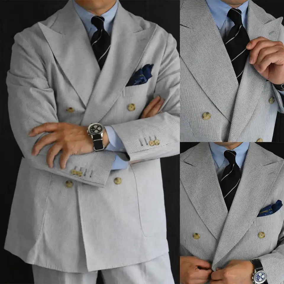 Pinstriped Elegant Men Wedding Suits Peak Lapel Double Breasted Tuxedos Groom Party 2 Pcs Blazer Pants Party Customized Suit