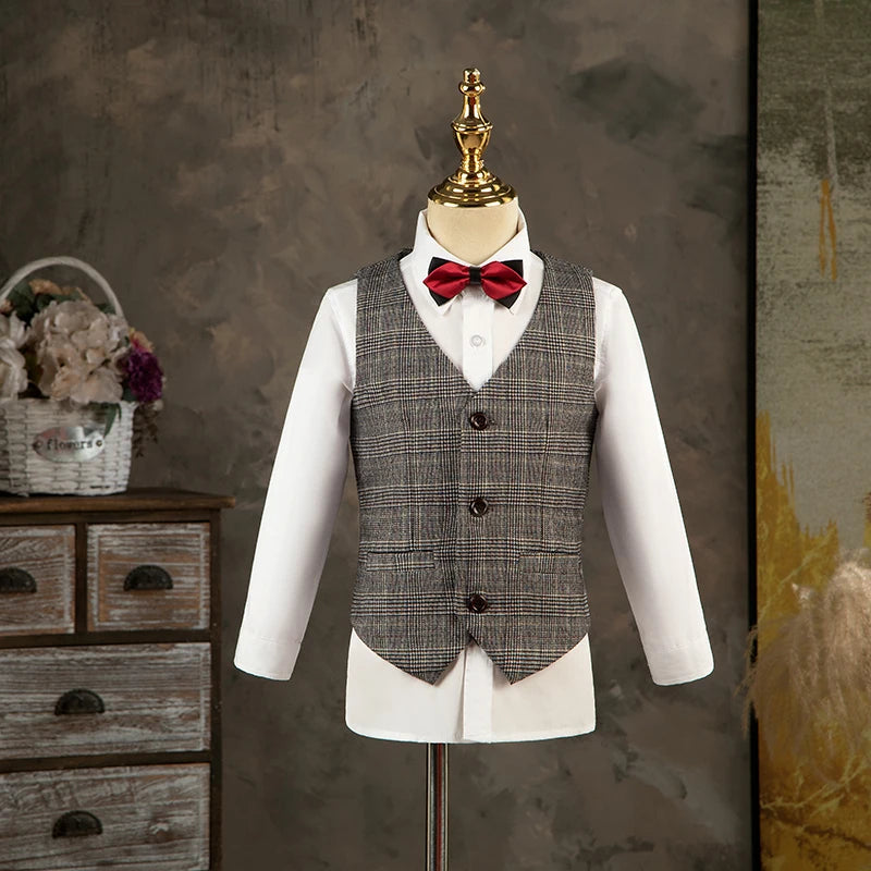Ensemble de costume formel à carreaux gris pour garçon avec blazer à nœud papillon, gilet et pantalon 