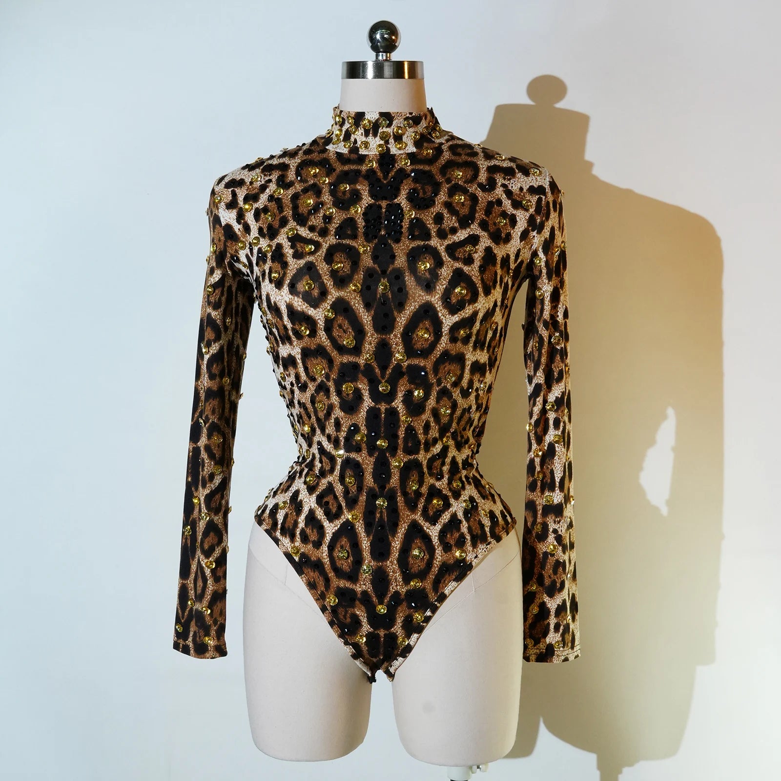 Rhinestones Bodysuits Sexy Leopard Print Rompers for Women High Collar One Piece Bodycon Female Performance Pole Dance Costumes