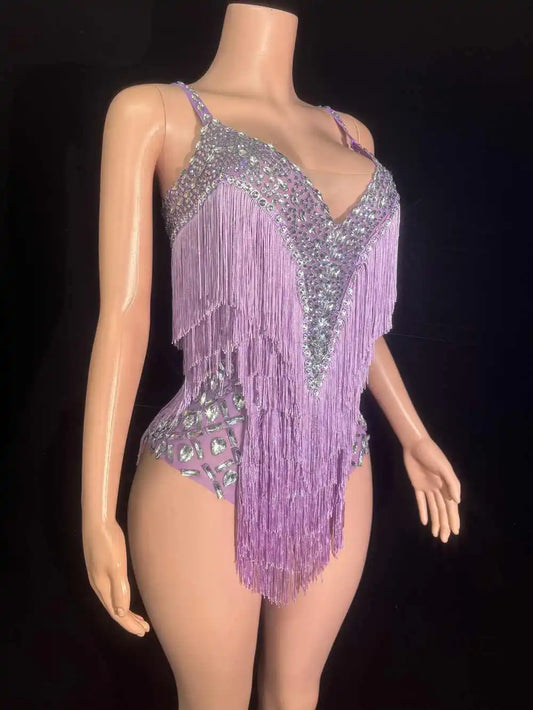Body à strass scintillants et pompons pour femme, tenue de danse sexy à col en V, tenue de spectacle, de chanteur ou de danseuse 
