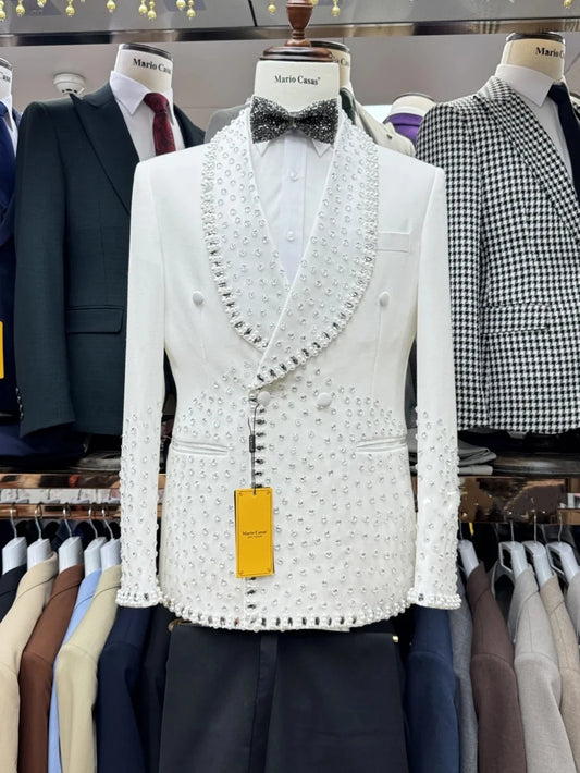 Modern Men's Suit Pearls Rhinestone Shawl Lapel 2 Pieces Set Jacket Tailor-Made Blazer Double Breasted Customized Coat Pants
