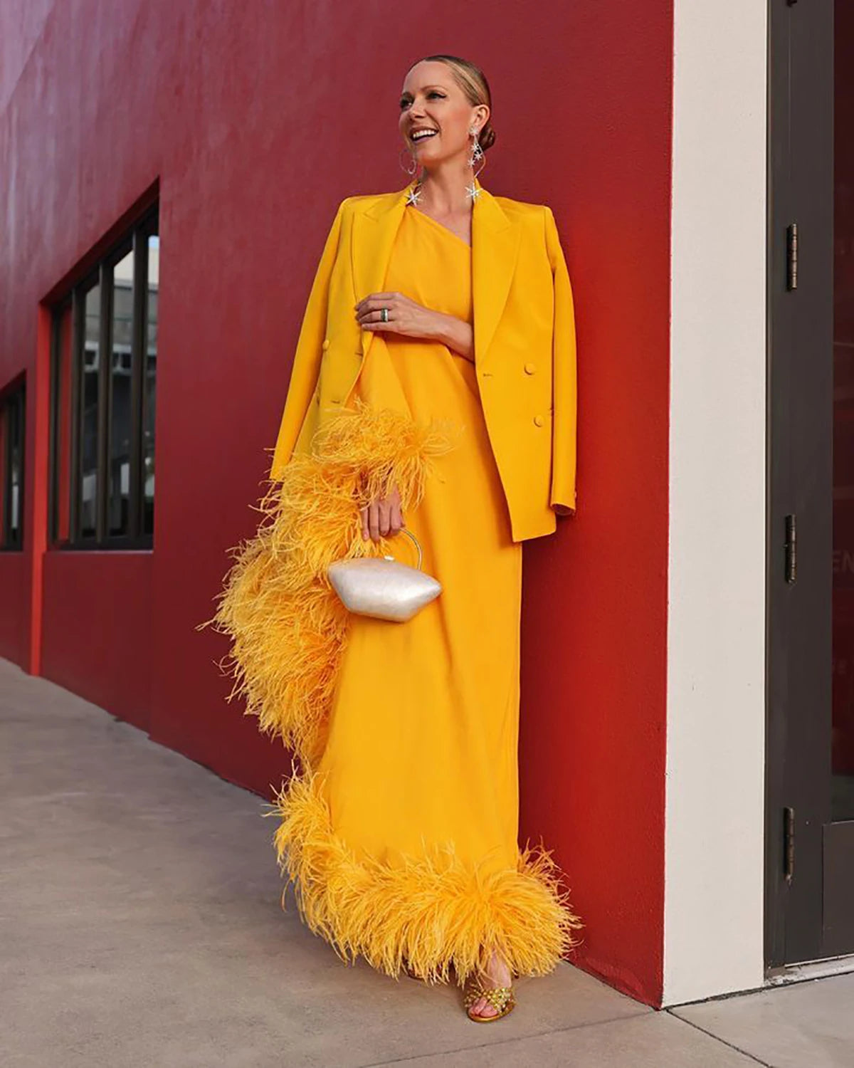 Design Women Dress Suits 2 Pieces Feather One Shoulder Evening Dress+Blazer Customized Wedding Guest Dress Cocktail Outfit