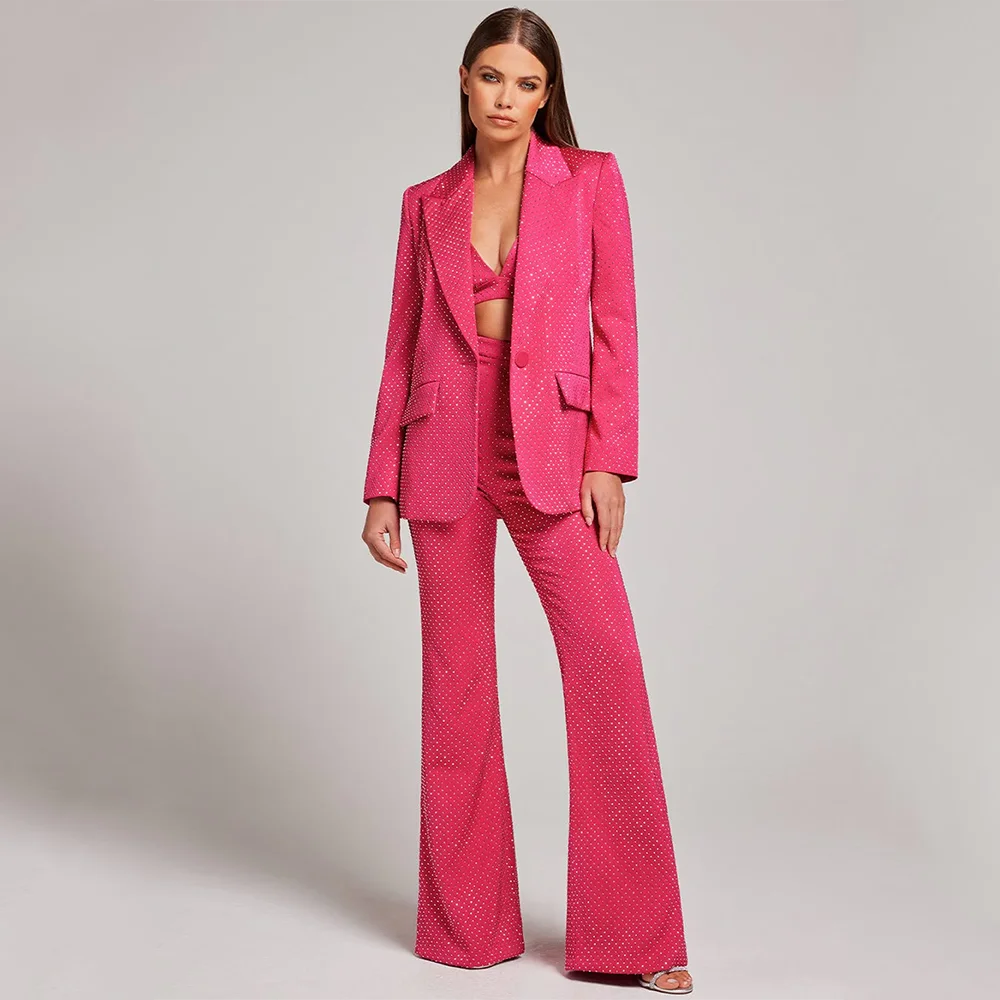 Ensemble élégant bleu et noir pour femme, 3 pièces, tenue de soirée, de travail, de bureau, veste, blazer, pantalon, haut