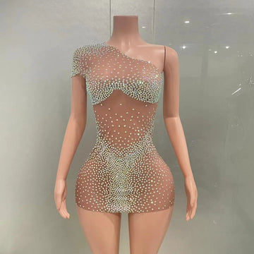 Women Birthday Celebrate Party Sexy Mini Silver Dress Dance Crystals Rhinestones Outfit Singer Performance Mesh  Costume