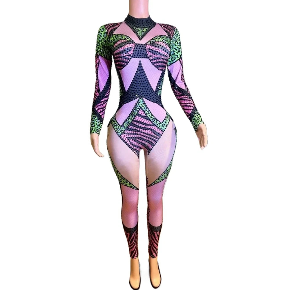 Sparkly Rhinestones Jumpsuit for Women Sexy Nightclub Outfit Birthday Party Bodysuit Stage Wear Show Performance Costume
