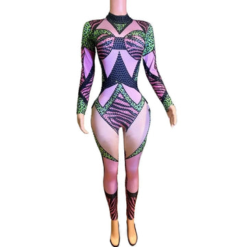 Sparkly Rhinestones Jumpsuit for Women Sexy Nightclub Outfit Birthday Party Bodysuit Stage Wear Show Performance Costume