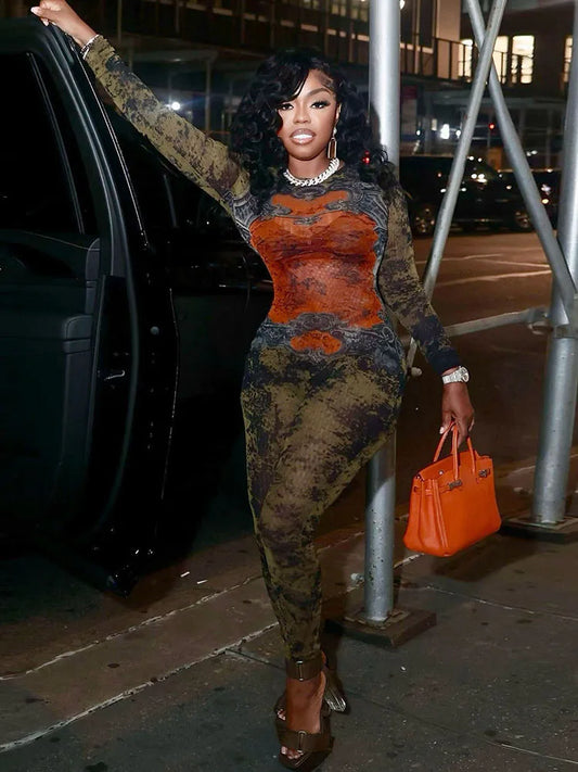 Tie-Dye Print Jumpsuit Women Fitness Stretch Tight Sexy O-Neck Full Sleeve Skinny Streetwear Autumn Zip Slim Overalls