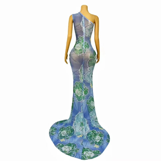 Special Shiny Rhinestones Pearls One Shoulder Trailing Dress High Split Women Elegant Party Evening Celebrate Photoshoot Costume