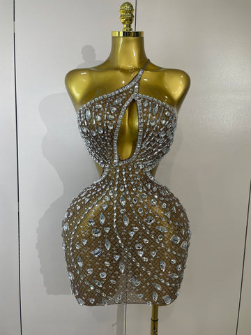 Robe courte transparente en maille à gros cristaux scintillants pour femme, tenue sexy à épaules dénudées, idéale pour une soirée, une boîte de nuit ou un anniversaire
