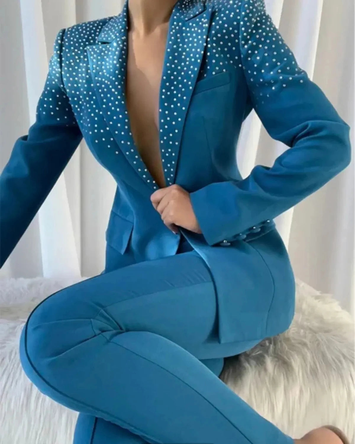 Sexy Women Suit V-Neck Lady Set Slim Fit Long Sleeves Peak Lapel 2 Pcs Coat Pants Party Prom Custom Made