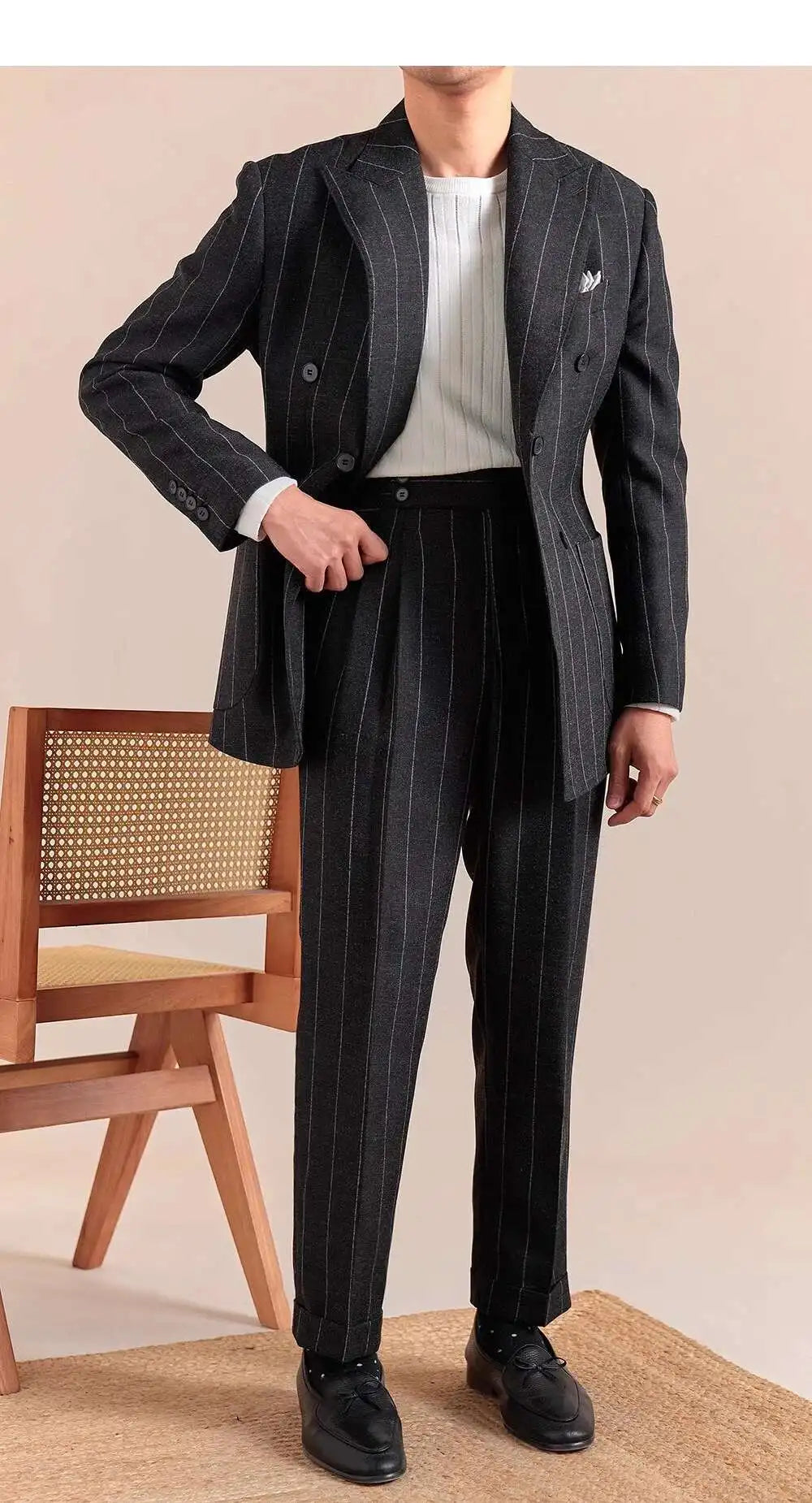 Luxury Stripe Business Suits for Men Double Breasted Formal Casual Dress Suits 2 Pieces Elegant Costume Homme Men Tuxedo Suit