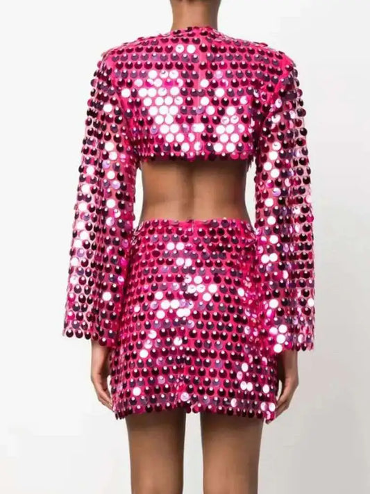 Fashion Trendy Women's Hollow Out Sequins Irregular Dress Spring New O-neck Long Sleeves Dresses Female
