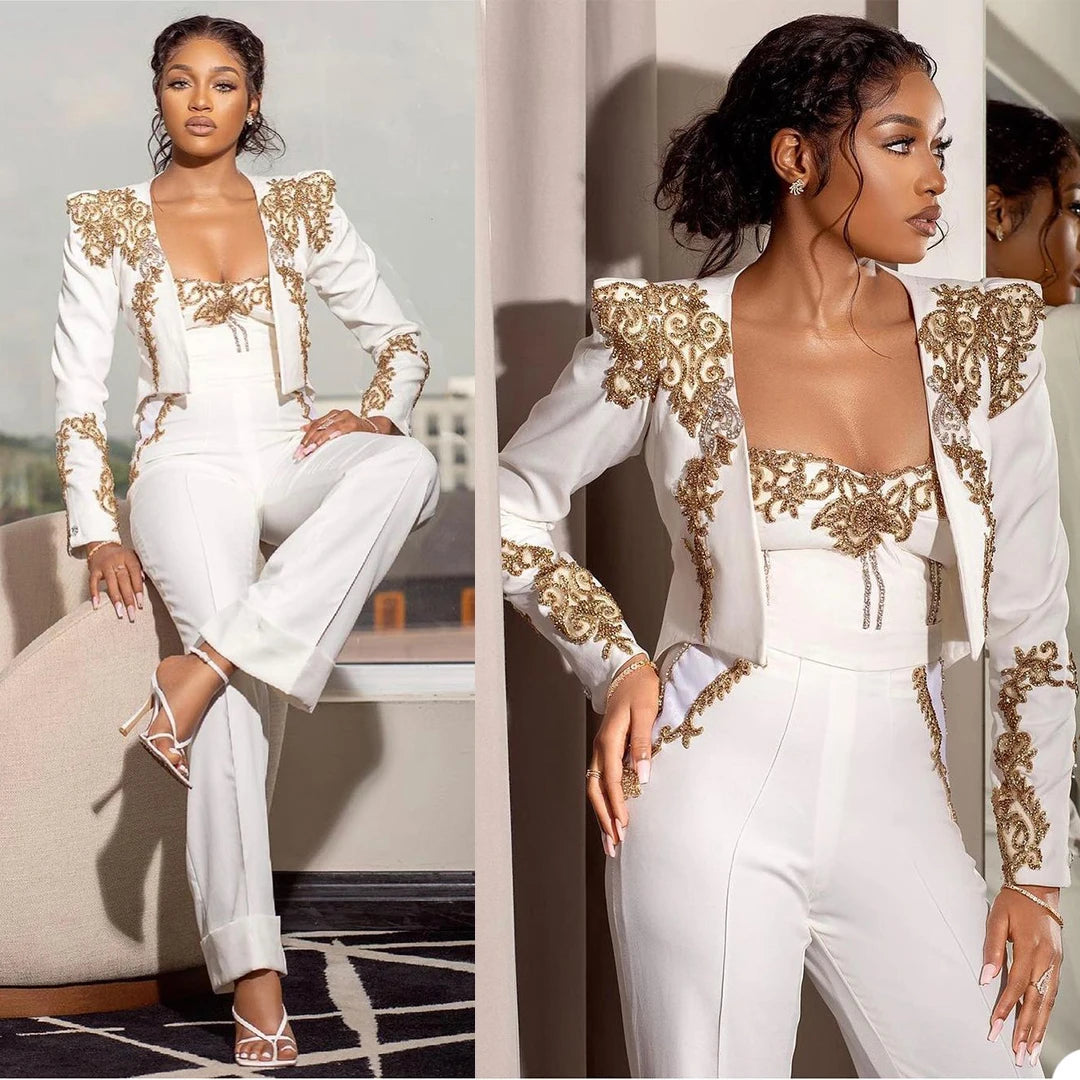Sexy Applique Women Power Suits Fashion Full Length Blazer Strapless Beaded Jumpsuits Casual Daily Formal