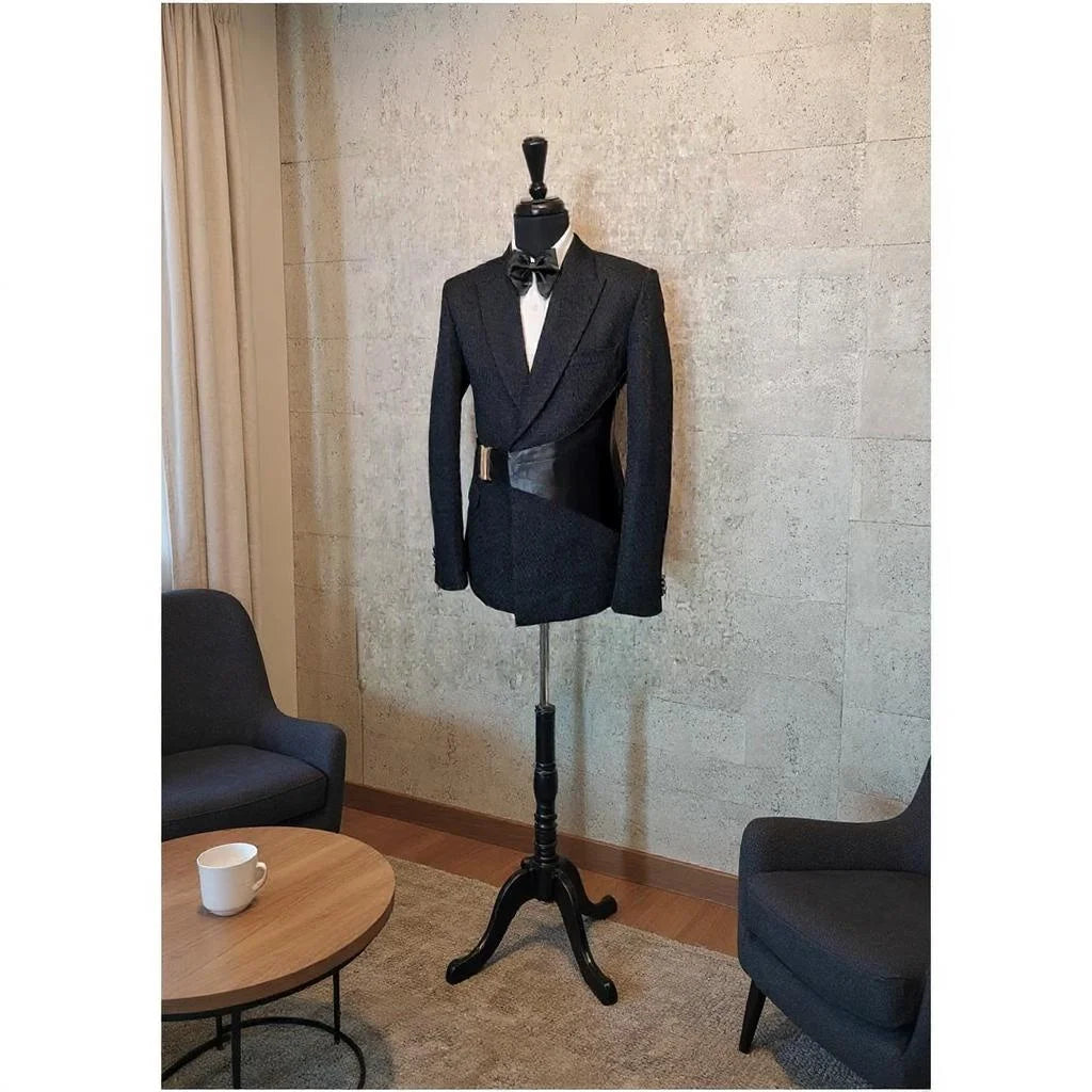 Unique Wedding Tuxedo for Slim Fit Men Suits 2 Pcs Peaked Lapel with Buckle Party Groom Business Blazer Custom Jacket Pants